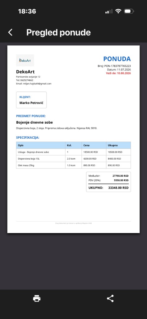 Pregled PDF ponude u Majstor Hub aplikaciji