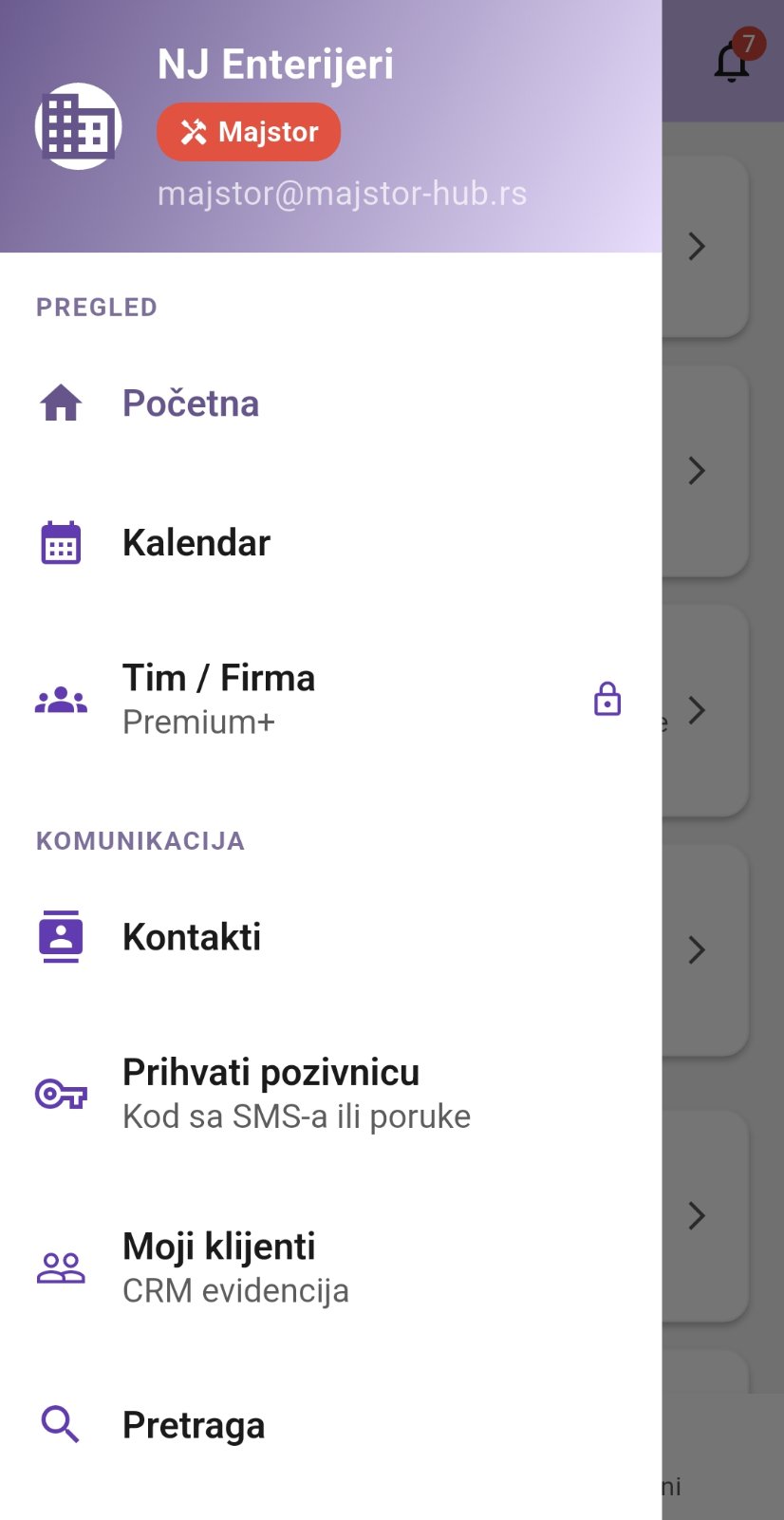 Dashboard majstora u Majstor Hub