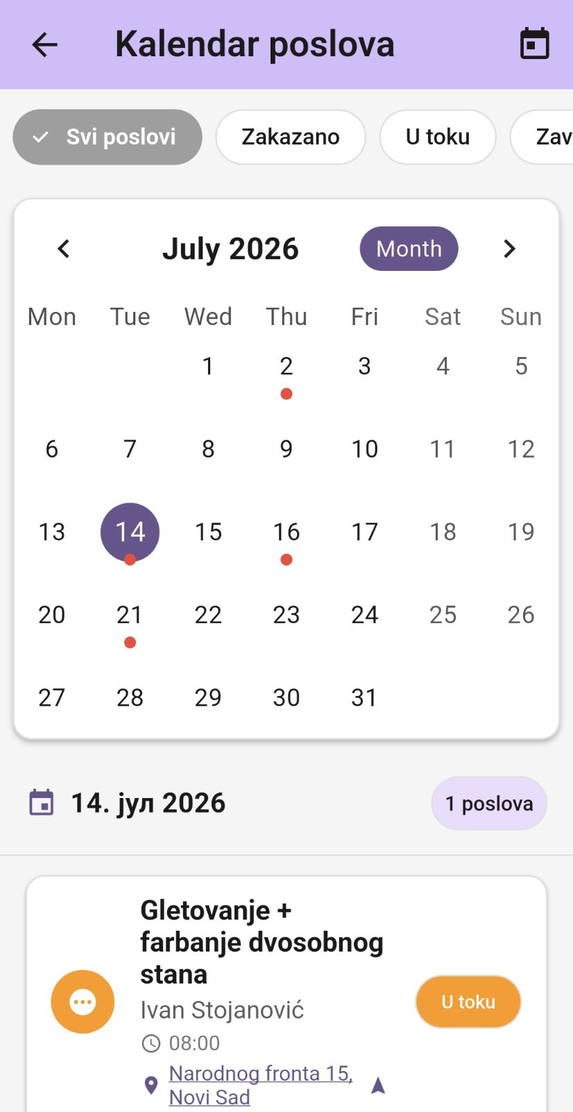 Kalendar poslova u Majstor Hub